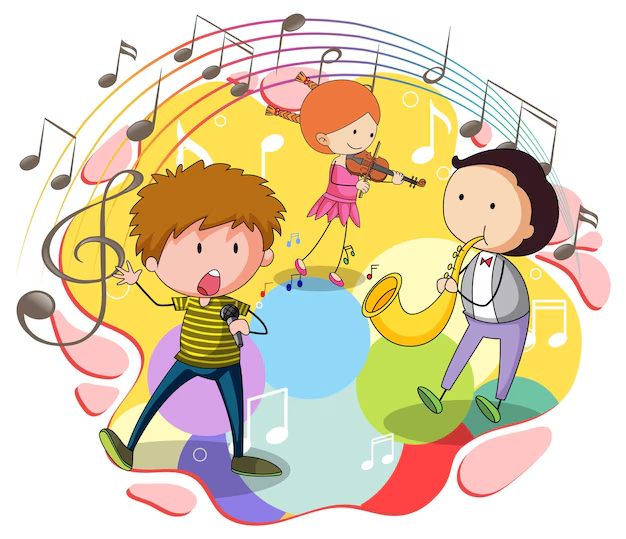 Foto di un disegno di bambini che cantano e suonano con attorno le note musicali