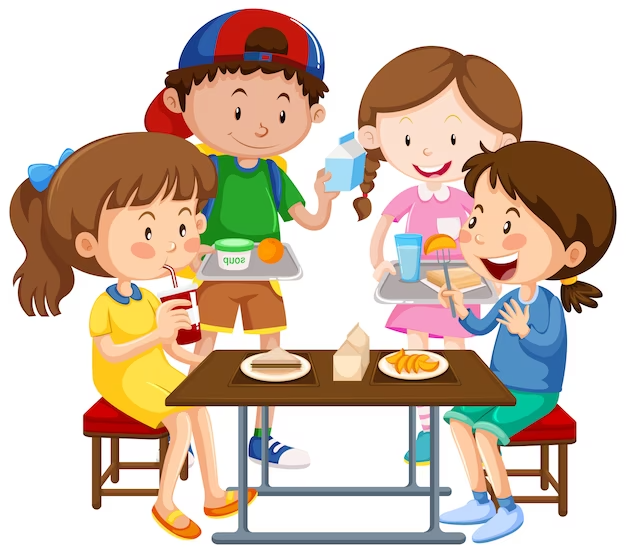 Immagine disegnata di bambini che mangiano alla mensa scolastica