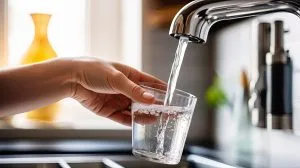 Foto di un rubinetto che versa acqua in un bicchiere tenuto da una mano